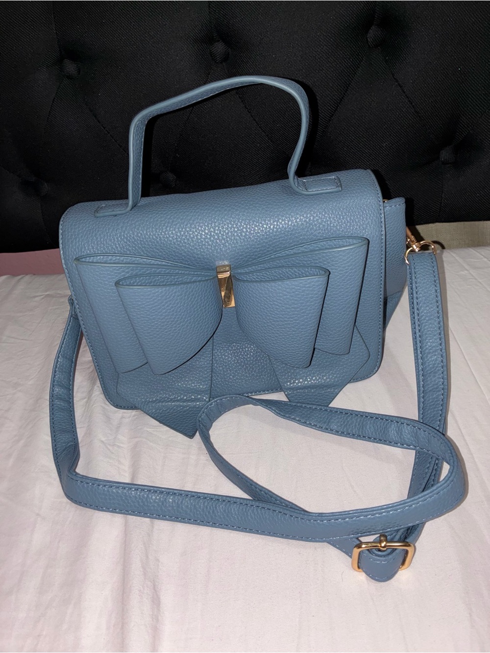 Light Blue Satchel Handbag | Structured Top Handle Crossbody with Bow Accent